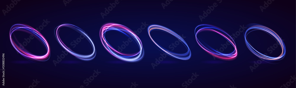 Aufkleber Set of glowing neon color circles and wavy lines. Abstract light trails and dynamic curves create speed motion effects. Energy vortex with glowing spark.