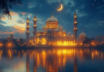 Majestic Palace at Night with Crescent Moon and Water Reflections