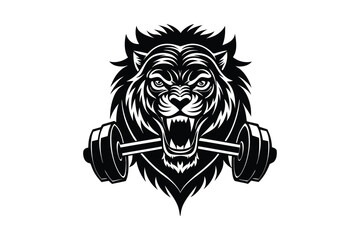 lion head mascot Gym and Fitness dumbbell Logo icon silhouette with vector art with tattoo