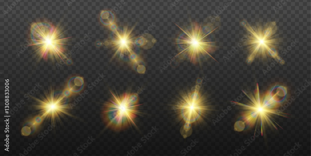 Poster Realistic yellow glowing light explodes on transparent background. Sunlight with gold rays. Blur in the light of radiance. Sparkle sun rays. Sunbeams special lens flare. Golden star. Vector	