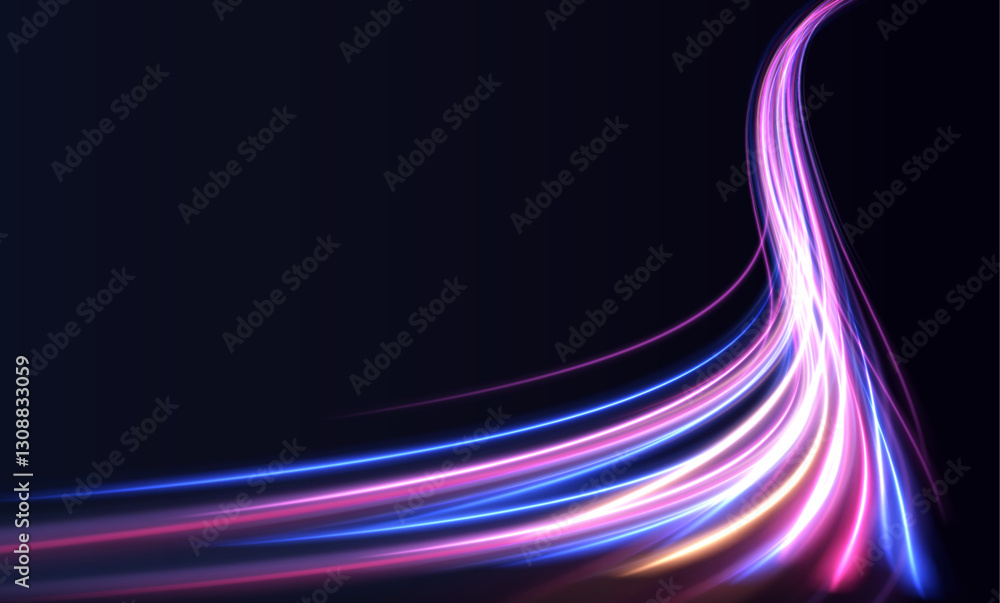 Poster Neon color glowing lines on a dark background, creating a high-speed light trail effect. Modern abstract high-speed light motion effect on a black background with light motion and slow shutter traffic