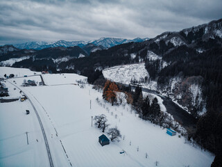 Aerial photography of the Akita Inland Line train in Tohoku, Japan