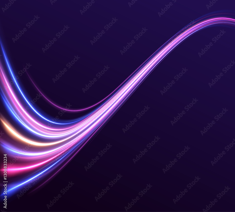 Fototapete Abstract light lines of movement and speed with purple color sparkles. Laser beams luminous abstract sparkling isolated on a transparent background. Abstract neon color glowing lines background.