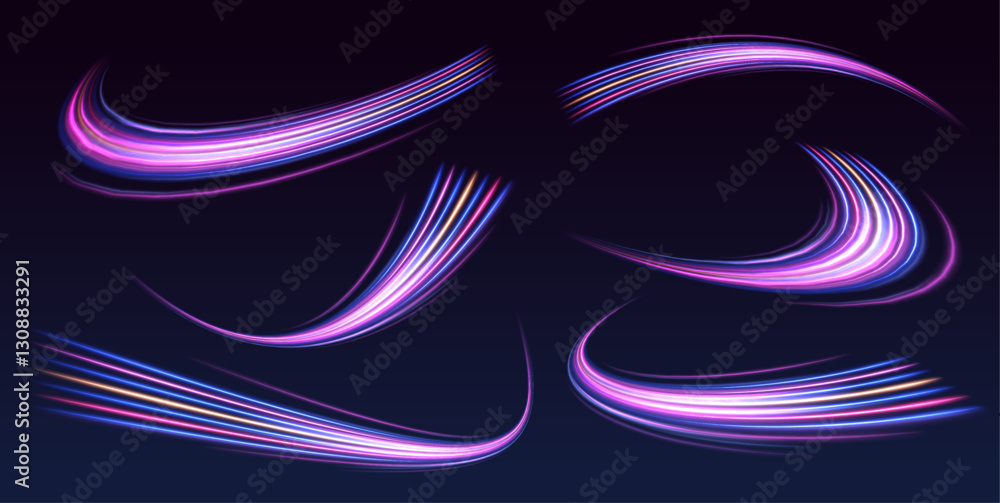 Fototapete Set of neon speed lines on transparent background. Lines in the shape of a comet against a dark background. Acceleration speed motion on night road.