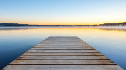 Obraz premium serene wooden pier by river at sunrise, mist hovering over water