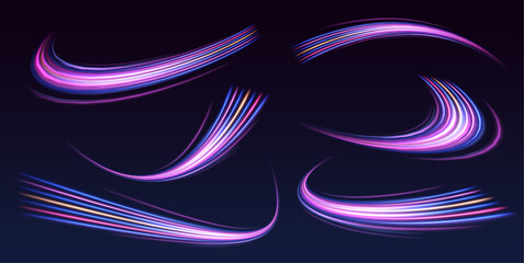 Set of neon speed lines on transparent background. Lines in the shape of a comet against a dark background. Acceleration speed motion on night road. © Mirotvoric