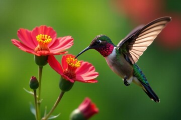 Fototapeta premium Close-up of vibrant hummingbird feeding on nectar from three dianthus flowers, nature, close-up