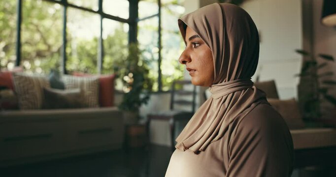 Faith, prayer and Muslim woman in home for worship, religion and praise to Allah in living room. Religious belief, fasting and Islamic person on mat for Ramadan Kareem, salaah and praying for peace