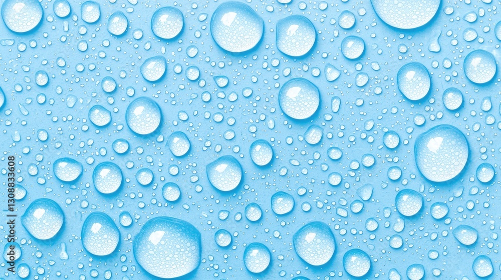 Poster close-up of water droplets on smooth blue surface creating a raindrop texture background