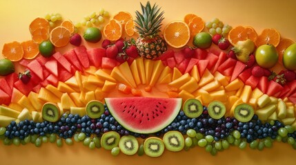 Fototapeta premium Rainbow fruit arrangement, vibrant summer food, yellow background, healthy eating