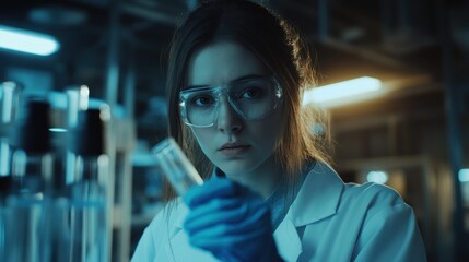 Scientist examines test tube in lab