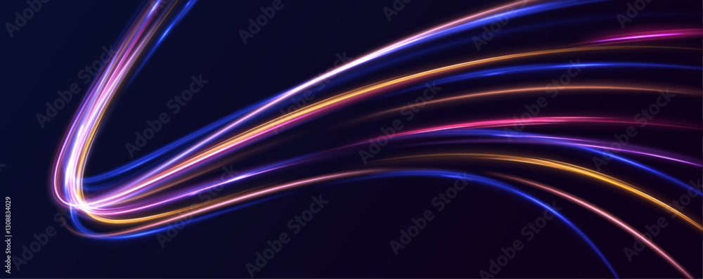 Poster lines in the shape of a comet against a dark background. vortex streams of neon light. big set of li