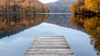rustic fishing dock on still lake surrounded by autumn trees