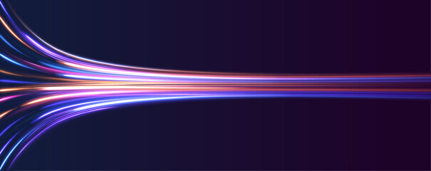 Light trail wave, fire path trace line, car lights, optic fiber and incandescence curve twirl. Vector glitter light fire flare trace. Speed of light in galaxy.	