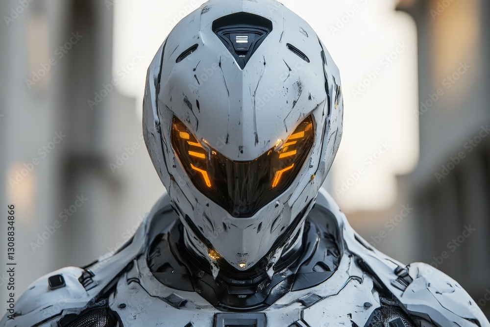 Poster futuristic armored robot with glowing eyes stands in urban setting during dusk
