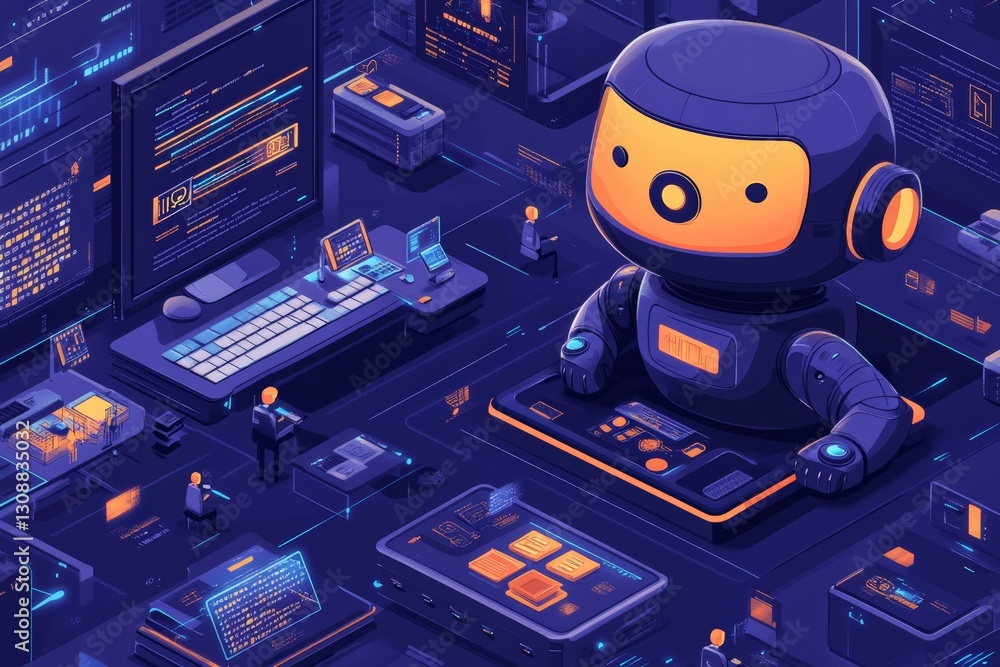 Poster Vibrant futuristic workspace with a large robot and digital interfaces showcasing advanced technology