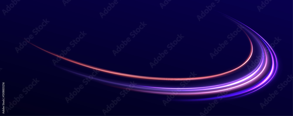 Poster Speed connection vector background. Vector swirl trail effect. Light trail wave, fire path trace line, car lights, optic fiber and incandescence curve twirl.	
