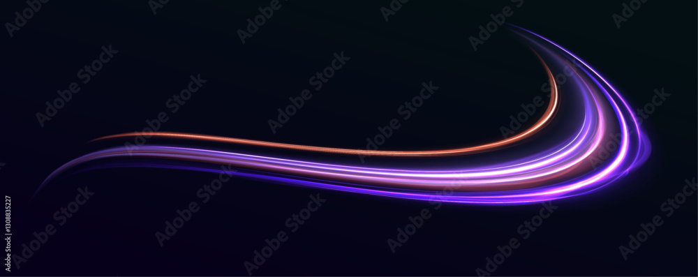 Poster beautiful glow light flare and spark. neon line as speed or arc, turn, twist, bend in light effect. 