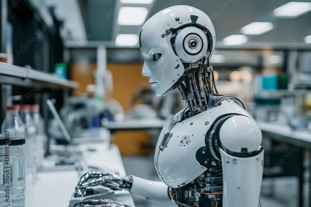 Aufkleber Robot working on a computer in a modern laboratory setting during daylight hours
