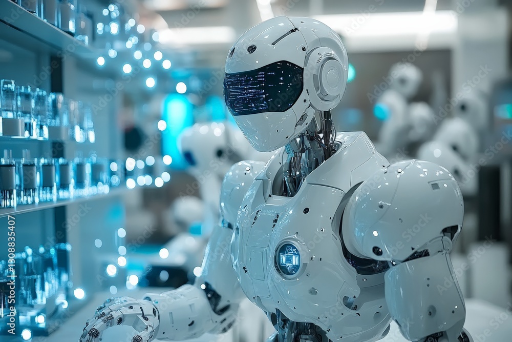 Aufkleber Advanced humanoid robot interacts with technology in a futuristic laboratory setting during nighttime