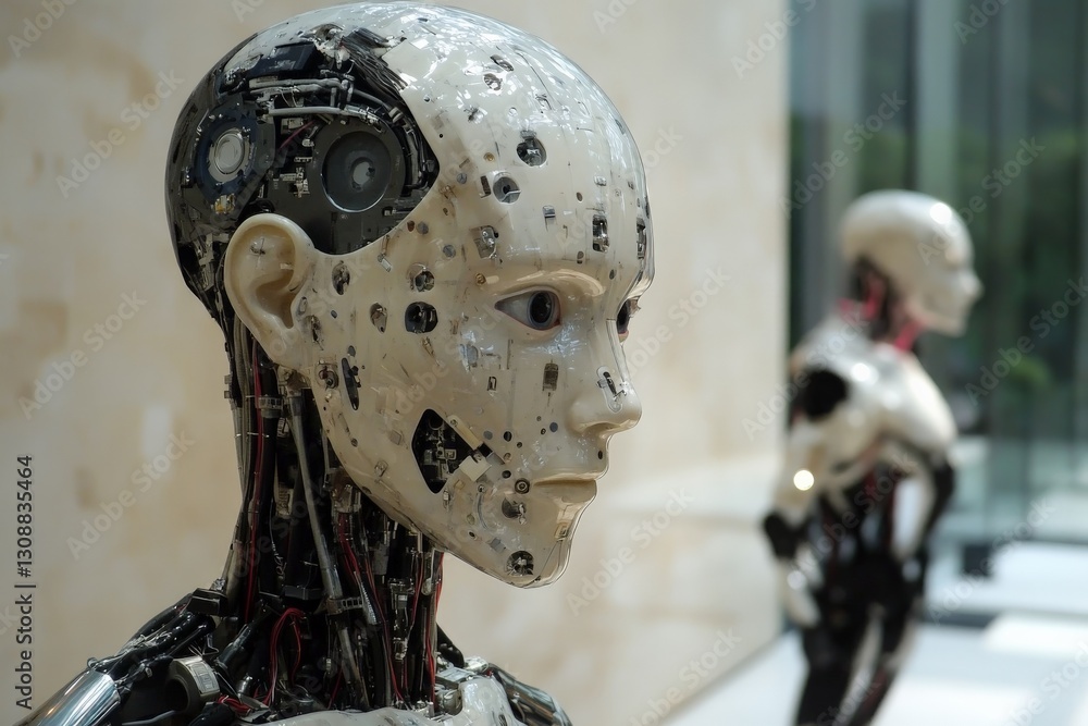 Poster advanced humanoid robots showcase cutting-edge technology in modern gallery setting