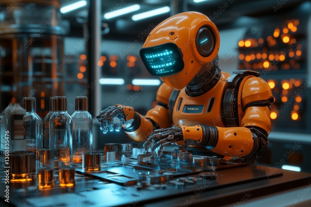 Aufkleber Robot engaged in laboratory tasks with bottles in a futuristic high-tech environment