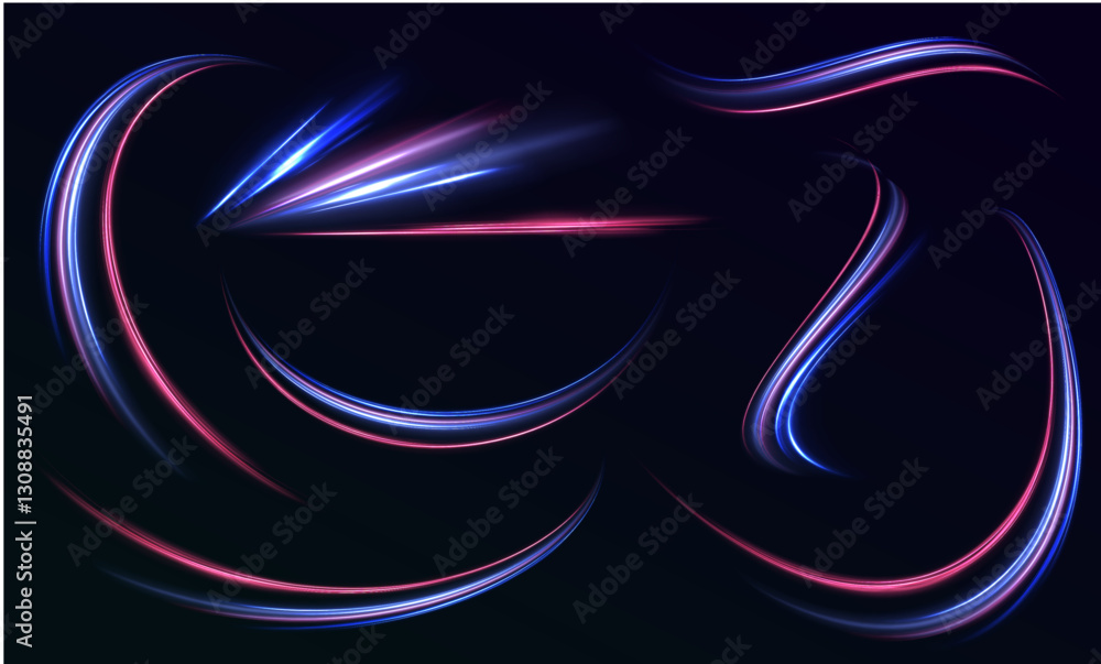 Poster A large set of low-poly designs made of thin lines in the form of branches, spirals and arcs. High speed effect motion blur night lights blue and red. Vector swirl trail effect.	