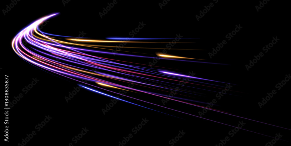 Poster lines in the shape of a comet against a dark background. vortex streams of neon light. big set of li