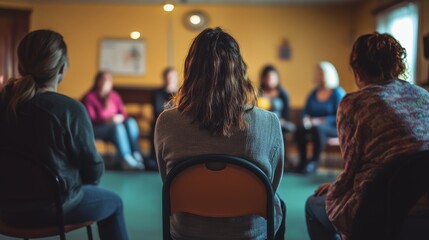 Support group meeting with diverse adults in a circle discussing emotions