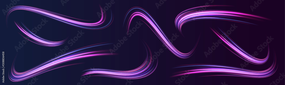 Poster Set of neon speed lines on transparent background. Lines in the shape of a comet against a dark background. Acceleration speed motion on night road.