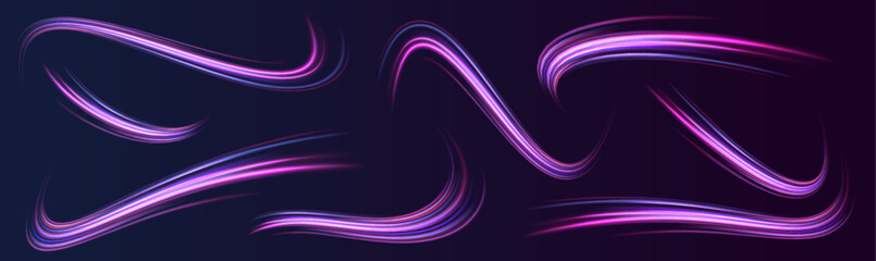 Set of neon speed lines on transparent background. Lines in the shape of a comet against a dark background. Acceleration speed motion on night road. © Mirotvoric