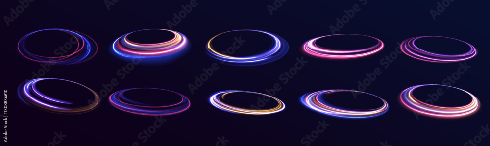 Poster set of neon blurry light circles at motion . vector swirl trail effect. abstract vector fire circles