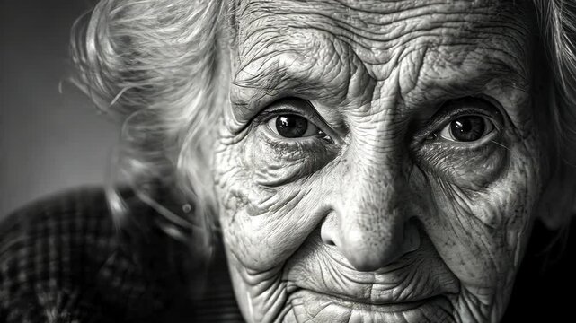 Elderly woman with expressive features gazes directly into the camera showcasing a lifetime of experiences