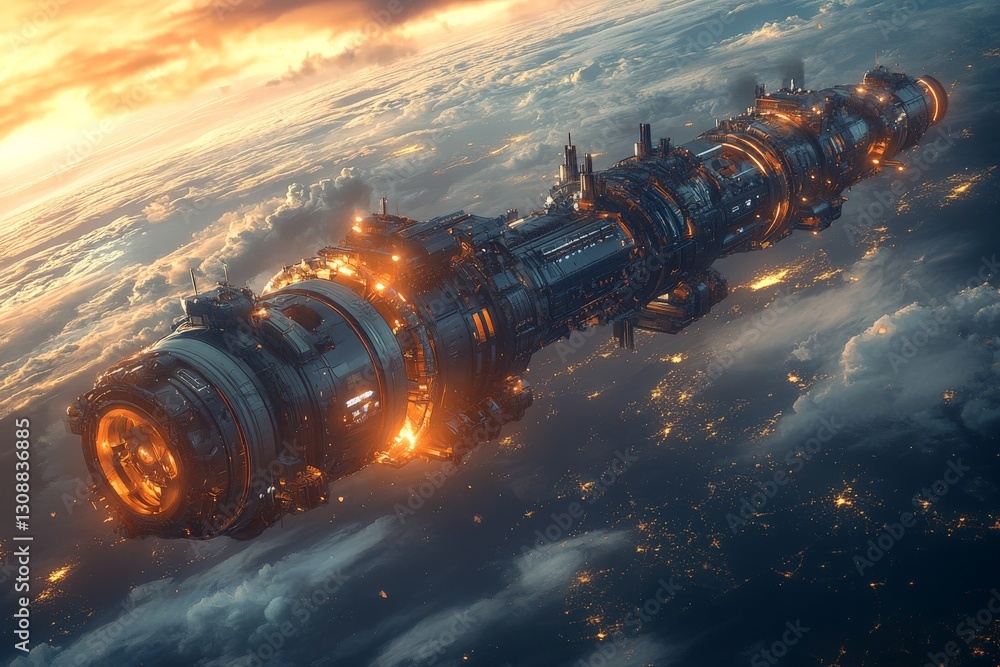 Leinwandbilder spaceship in orbit with glowing engines above a vibrant planet at twilight