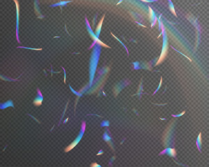Holographic falling confetti glitters isolated on transparent background. Crystal light leak effect for photo overlay. Ethereal Lens rainbow light streak transparent effect. 