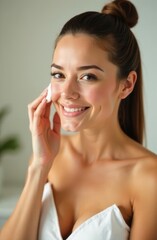 Smiling woman cleaning face with cotton pad, beauty and skincare routine