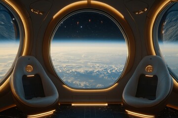 Naklejka premium Spacecraft interior offering stunning view of Earth and outer space from a high altitude