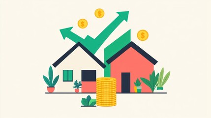 Real estate investment growth two houses, rising value, coins