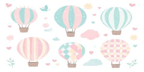 Set of hot air balloons in different colors and patterns, isolated on a white background.