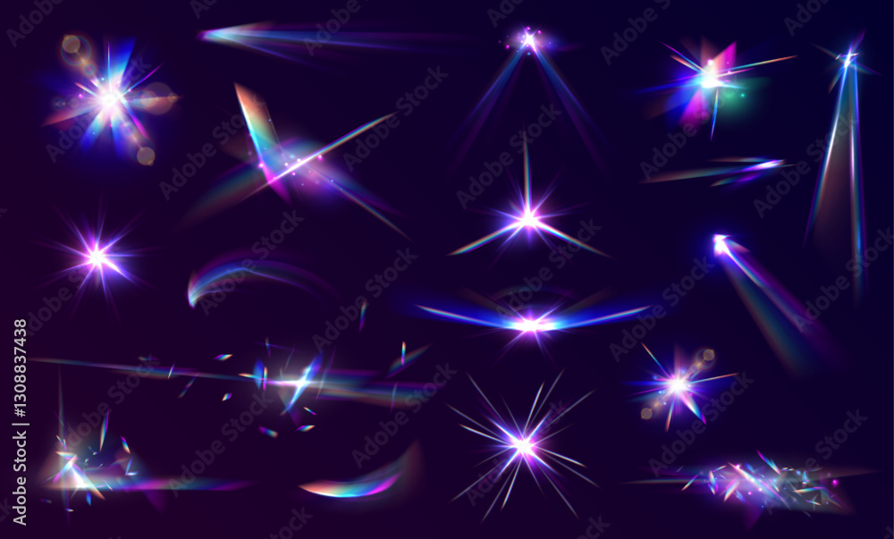 Aufkleber set rainbow crystal light leak flare reflection effect. transparent refraction elements. transparent