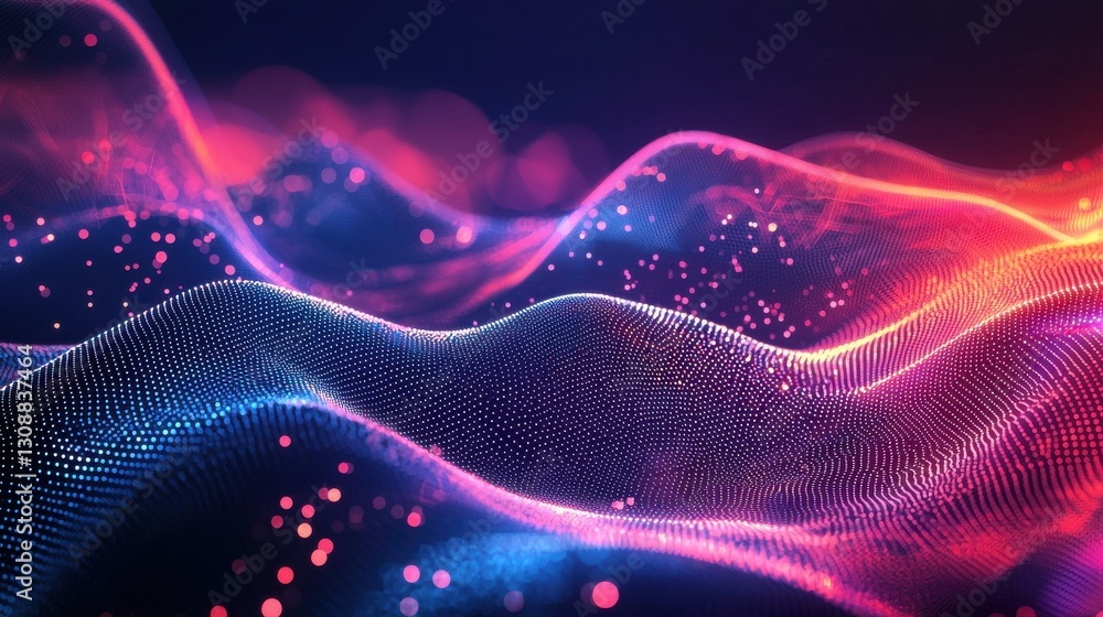 Poster Abstract Waving Particle Technology Background Design. Abstract wave moving dots flow particles, hi-tech and big data background design for brochures, flyers, magazine, business card, banner.