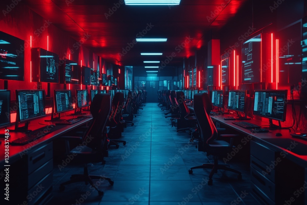 Aufkleber high-tech computer lab featuring multiple workstations with bright red lighting at night