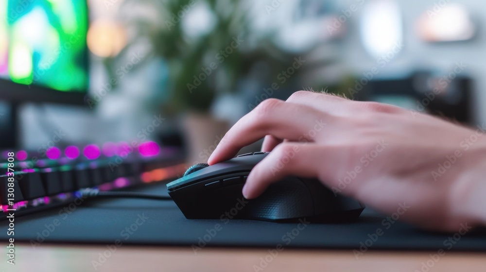 Poster close-up of a hand using a computer mouse on a desk with keyboard and monitor in