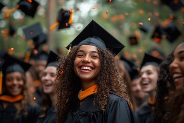 Obraz premium Celebration at graduation ceremony with students throwing caps and smiling joyfully outdoors