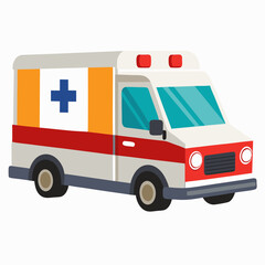 A cartoon illustration of a red and white ambulance vehicle with a blue cross on its side