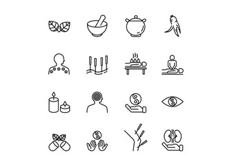 A set of icons for Traditional Medicine. The icons include a cigarette, acupuncture, a sense of acupuncture, ginseng, and a Yin Yang circle. Editable stroke. Vector illustration.
