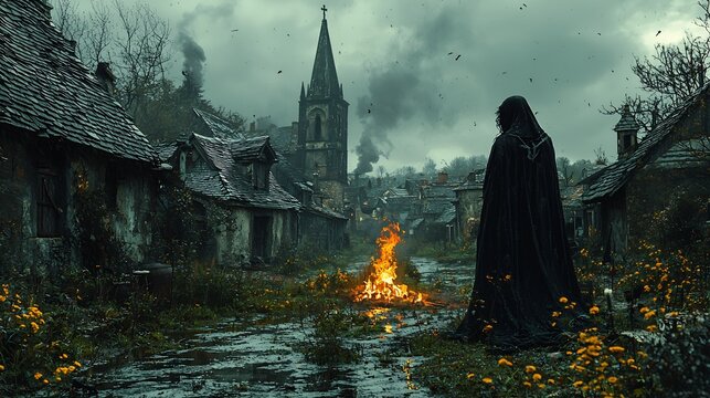 Grieving widow in a small quiet village courtyard seeing a hallucination of her deceased husband by a dwindling fire as the overcast sky looms above and grief lines her face