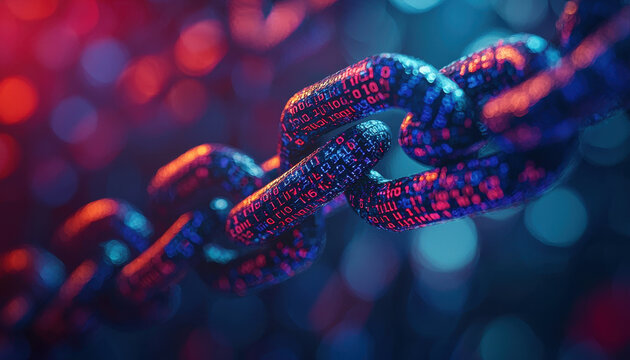 Close up of digital chain with encrypted codes in vibrant colors
