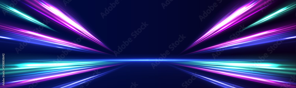 Poster panoramic high-speed technology concept with abstract light trails and glowing neon colors in blue, 