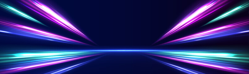 Panoramic high-speed technology concept with abstract light trails and glowing neon colors in blue, yellow, and orange, representing the rapid motion and energy in a futuristic environment.	